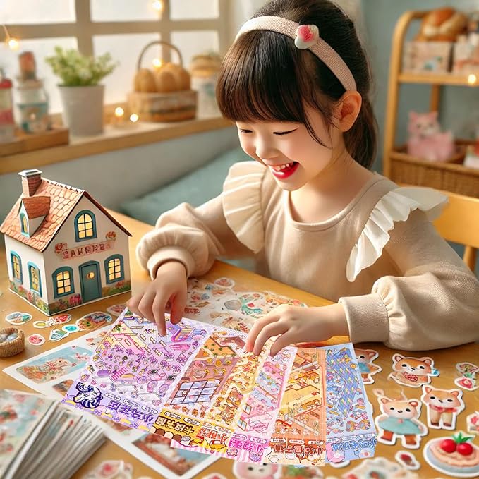 DIY 3D House Sticker, 6 Sets of Sticker Make Your Own Mini Shop Scenes Stickers for Kids Kawaii Cartoon Scene Stickers for Adult Relief Stress Pass The Time
