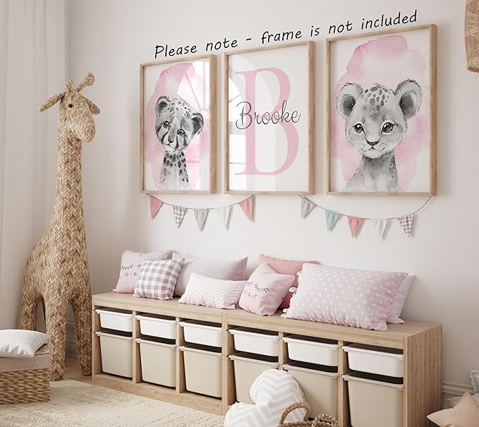 Safari Animals Set of 3 Unframed Poster Prints for Baby Girls Nursery Bedroom Playroom, Personalized Name, Choice of 12 Animals, Pink Purple (17x22)