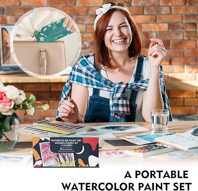 TAVOLOZZA Watercolor Paint Set, 50 Vivid Colors Including Metallic and Fluorescent Colors in Gift Box,Perfect Watercolor Set for Artists, Painting Lovers