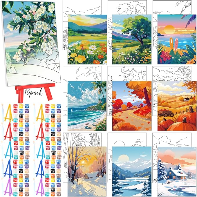 Blosssound 10 Set Pre Printed Canvas Pre Drawn Canvas Painting with Easel Kits 5" x 7" Outline Painting Panels for Beginners, DIY Craft Project, Party Favor, Home Decors(Four Seasons)