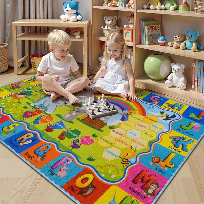 STARUIA ABC Rug for Kids Playroom, Classroom Floor Play Mat for Kids, Preschool Educational Rug for Learning Alphabet Animals Numbers Months, ABC Carpet Play Rug for Nursery Kid Room Decor (39"X59")