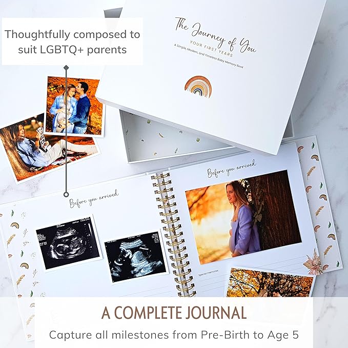 Baby Album Memory Book for Girl or Boy - First 5 Years Unisex Bohemian Rainbow Keepsake Journal to Log Newborn Milestone - Photo Album Scrapbook for Baby Shower - Unique New Parents Gifts for Couples