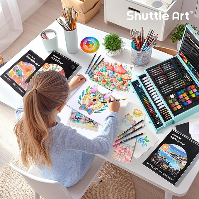 Shuttle Art Deluxe Gift Art Kit, 202-Piece Wooden Art Supplies Set with 4 Drawing Pads, Canvases, Coloring Sheets, Acrylic Paint, Crayons, Oil Pastels, Colored Pencils for Kids