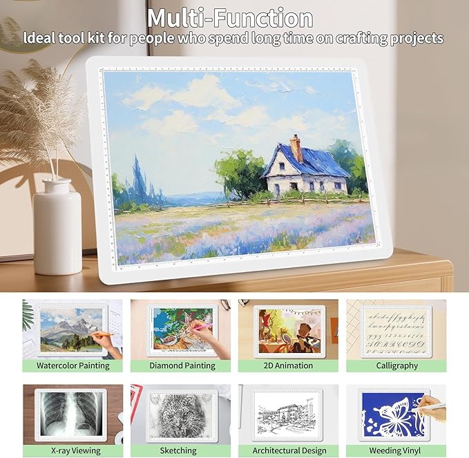 Phylosal Rechargeable A3 Light Pad with Carry Bag, Ultra-Thin Magnetic Tracing Light Box for Drawing, Diamond Art Painting Light Board with Side Button, Super Bright Light Table for Sketching (White)