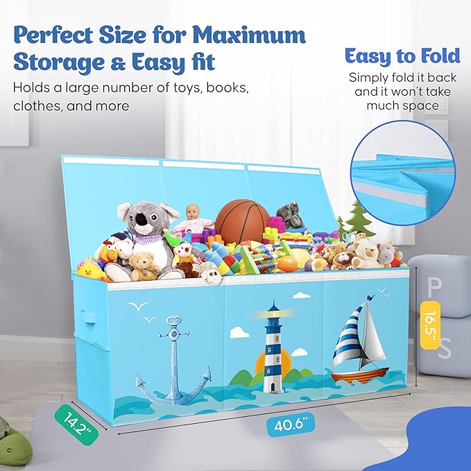 Extra Large Collapsible Sturdy Toy Storage Organizer with Lids, Ocean Theme Toy Box for Boys & Girls, 40"x16"x16", Modern, Blue