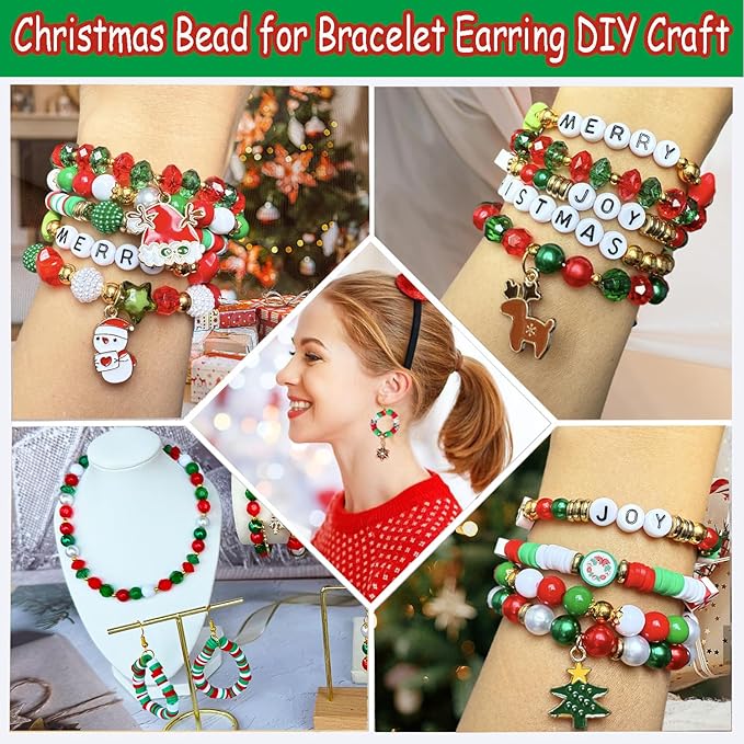 3140PCS Christmas Bracelet Making Kit, Christmas Beads Charms for Bracelets Jewelry Making Red Green Xmas Clay Acrylic Crystal Star Round Beads Letter Spacer Beads for Necklace Making DIY Crafts