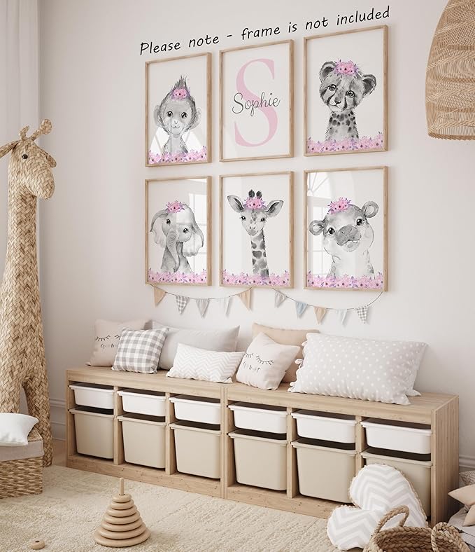 Personalized Safari Animals for Baby Girls Nursery Bedroom Unframed Set of 6 Poster Prints, Personalized Name Pink Purple Flowers Wall Art Decor New Baby Gift Present, Elephant Giraffe Panda Zebra Lion (9x12)