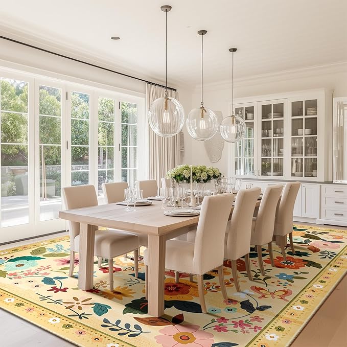 Floral 8x10 Area Rug Machine Washable Soft Print Boho Carpet Non Slip Doormat Low Pile Flower Area Rugs for Living Room Bedroom Nursery Kitchen Dining Room Indoor-Ivory/Yellow