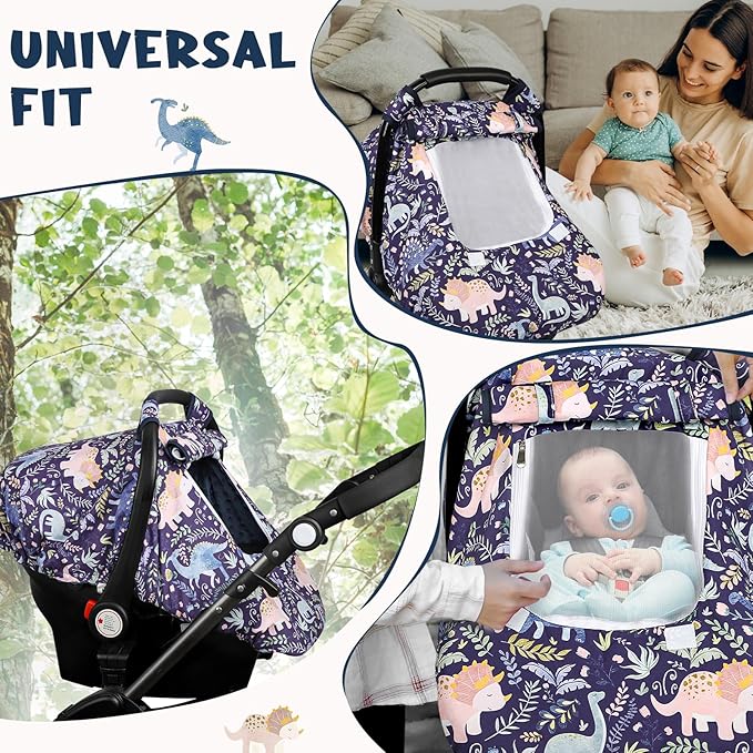 Pea Pod Car Seat Cover Baby, Infant Car Seat Canopy Covers for Newborn with 2 Layers Windows of Breathable Mesh Fabric, Lightweight Polyester/Soft Minky Dot Backing (Dinosaur)