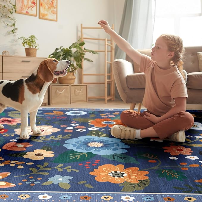 Floral 3x5 Area Rug Machine Washable Soft Print Boho Carpet Non Slip Doormat Low Pile Flower Area Rugs for Living Room Bedroom Nursery Kitchen Dining Room Indoor-Blue/Grey