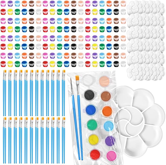 Fulmoon 96 Set Acrylic Paint Kits for Kids Adults Washable Mini Painting Kit Arts Crafts Party Favors Filled Strips Brushes Palettes Bulk for Classroom Home Kit Supplies (Vivid Color)