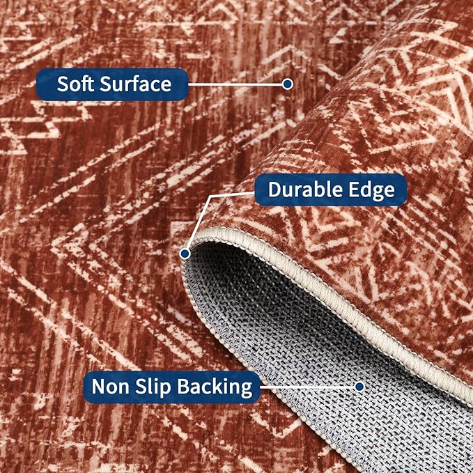COZYLOOM Large Living Room Rugs 9x12 Machine Washable Area Rugs Modern Abstract Floor Cover Non Slip Stain Resistant Geometric Mats for Bedroom, Nursery, Office, Brick Red