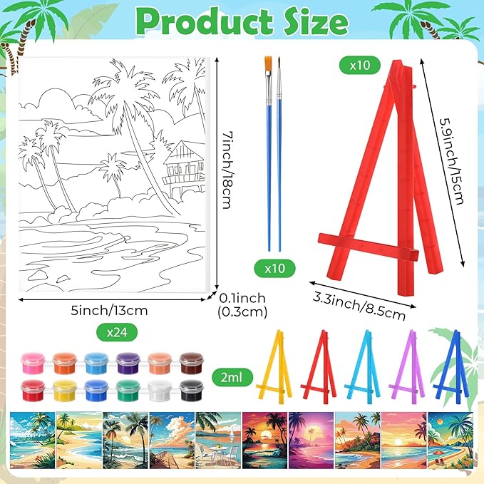 Blosssound 10 Set Pre Printed Canvas Pre Drawn Canvas Painting with Easel Kits 5" x 7" Outline Painting Panels for Beginners, DIY Craft Project, Party Favor, Home Decors(Hawaii)