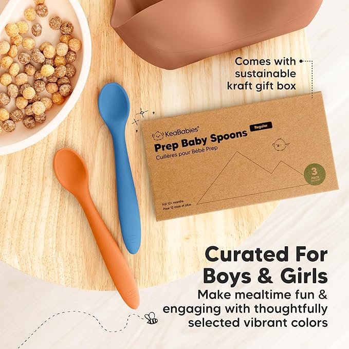 KeaBabies Silicone Baby Spoons, Self Feeding 6-12 months - 3-Pack Baby Weaning Eating Utensils, Toddler First Food Training Spoon, Infant, Kids Feeding Supplies Essential Set, Dishwasher-safe (Kea)