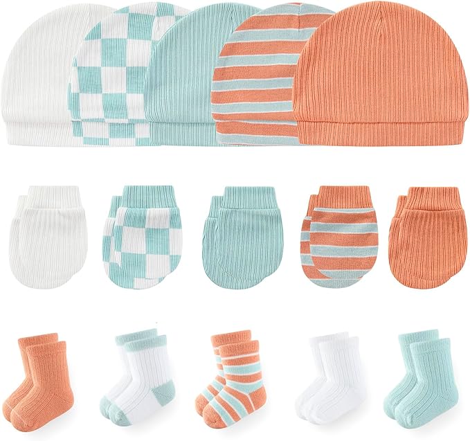 Newborn Baby Boy Girl Caps Mittens Socks Set Cotton Baby Essentials Accessories (Hats+Gloves+Socks)