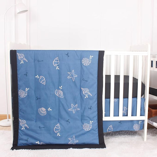 CaSaJa Baby 3-Piece Crib Bedding Set for Boys Girls, Including Soft Quilted Comforter(Blanket), Fitted Crib Sheet and Skirt, Soft Nursery Bedding Set Made of Silky Comfy Materials, Sea Conch