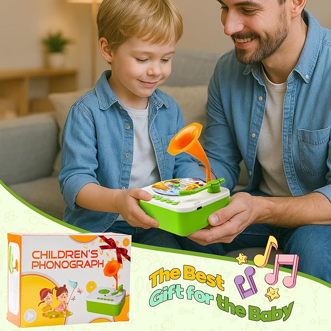 Kids Phonograph Toddler Record Player, with 96 Learning Cards, Early Education Machine Record Player Music Box Storyteller pop Speakers, Gift for Boys and Girls