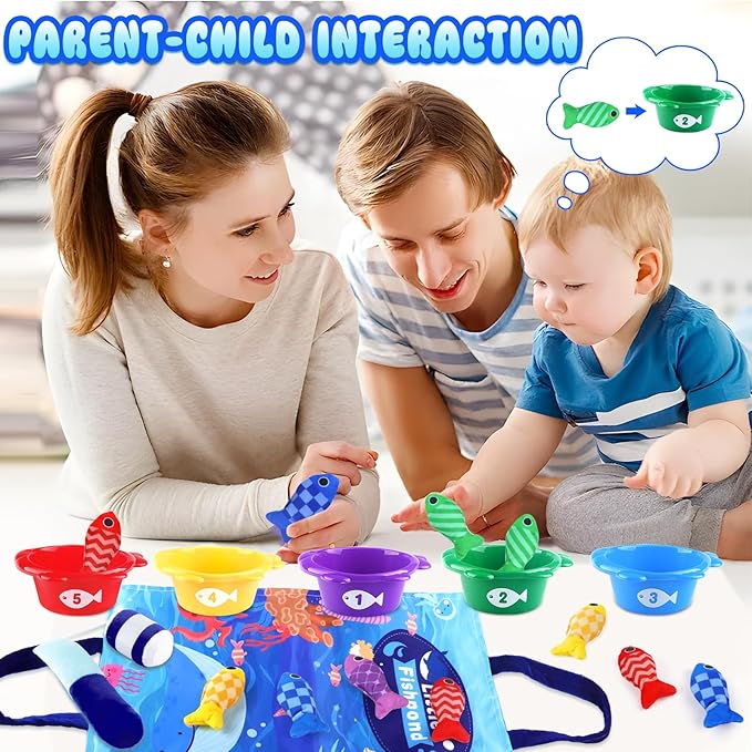 Montessori Fish Toys, 22 PCS Cloth Fishing Game for Toddlers 6 to 12 Months Girls Boys, Baby's Sensory Toy with Stacking Cups, Number Counting, Color Sorting, Fishing Game for Boy Girl Birthday Gift