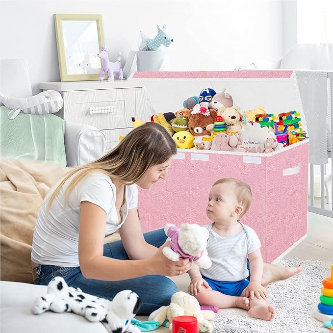 Toy Storage Box for Girls, Large Kids Toy Chest Boxes Organizers and Storage with Lids & Handles for Nursery,Playroom 24.5"x13"x16"(Pink)