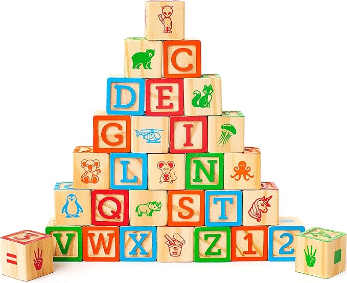 Building Blocks for Toddlers 1-3 Years Old, 30 Large Stackable Wooden Baby Blocks with Alphabet and Number Icons on Every Side, Toy Wagon Included