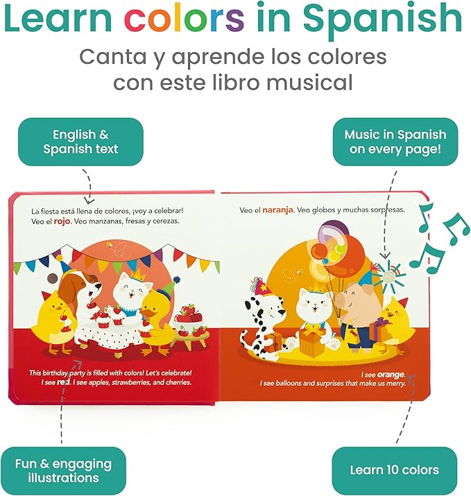 Binibi Spanish Musical Book Colors at The Birthday Party | Spanish Learning for Kids | Bilingual Children's Book | Bilingual Book for Babies & Toddlers 1-3 | Libro en espaรฑol para bebรฉs