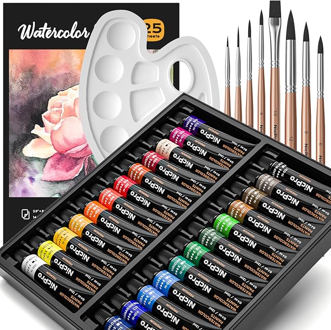 Nicpro 60 PCS Watercolor Paint Set for Adults, Beginner & Artists, 24 Tubes Water Color Paint Kit with 25 Watercolor Paper, 8 Squirrel Paint Brushes, Palettes, Color Wheel, Art Painting Supplies