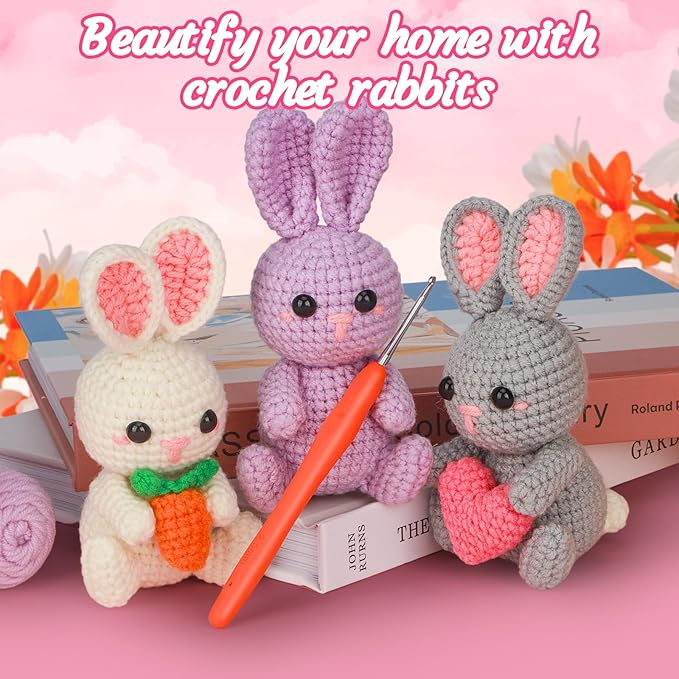 ekaus Crochet Kit for Beginners, Crochet Kit with Step-by-Step Video Tutorials, Crochet DIY Knitting Supplies for Adults Kids, Crochet Rabbits(45%+ Yarn)