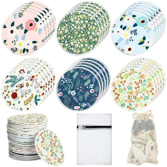 Sosation 30 Pcs Reusable Breast Pads Bamboo Nursing Pads with Wet and Laundry Bag Floral Nipple Favor Breastfeeding Mom Gift(Fresh Pattern)