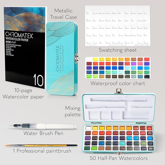 CHROMATEK Watercolor Paint Set β 50 Vivid Colors Including Transparent, Opaque & Pastel β Art Kit with Brush, Water Pen, Palette, Color Chart, Swatch Sheets, Pad & Metal Travel Case