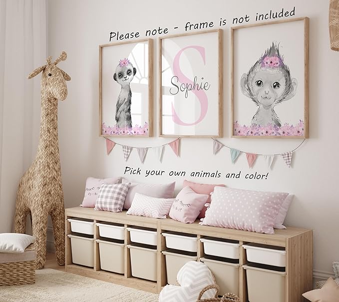 Safari Animals Girls Nursery Bedroom Unframed Set of 3 Poster Prints, Personalized Name Pink or Purple Flowers Wall Art Decor New Baby Gift Present, Elephant Giraffe Panda Zebra Lion (8x10)