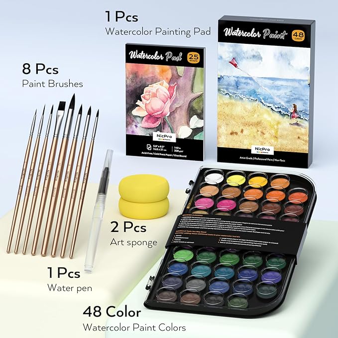 Nicpro Watercolor Paint Set, 48 Water Colors Kit with 8 Painting Brushes, Palette, Watercolor Pen, 25 Art Pad Paper, 2 Art Sponges, Non-toxic Painting Supplies for Kids, Adults, Beginners, Artists