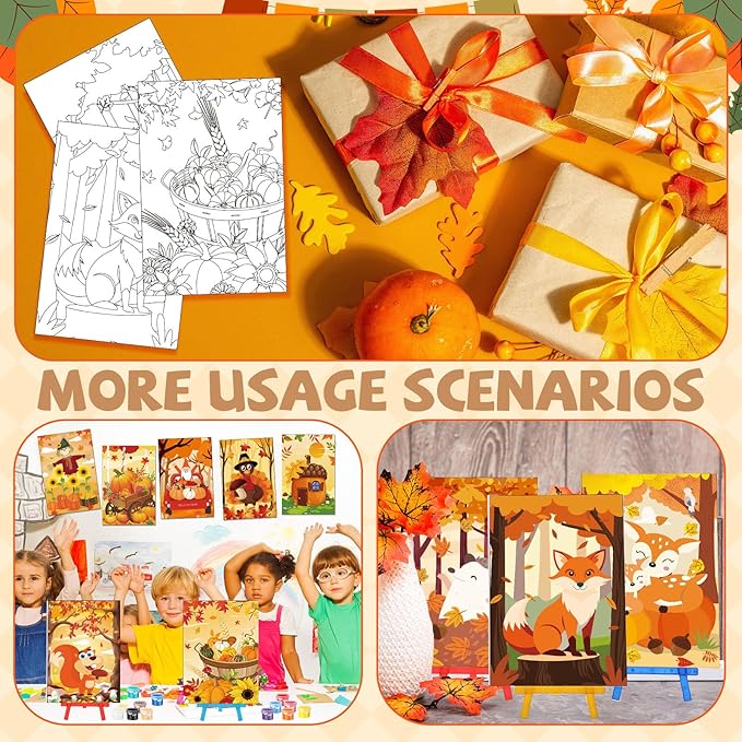 Blosssound 10 Set Pre Printed Canvas Pre Drawn Canvas Painting with Easel Kits 5" x 7" Outline Painting Panels for Beginners, DIY Craft Project, Party Favor, Home Decors(Autumn)