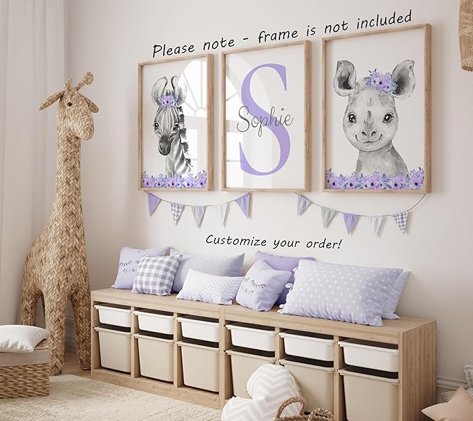 Safari Animals Girls Nursery Bedroom Unframed Set of 3 Poster Prints, Personalized Name Pink or Purple Flowers Wall Art Decor New Baby Gift Present, Elephant Giraffe Panda Zebra Lion (12x16)