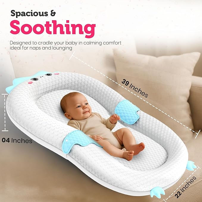 Baby Lounger for Newborn & Infant – Penguin Cozy | Quilted-Padding Center, Adjustable Safety Strap, 100% Cotton Cover, Washable Portable Infant Support Cushion by Sprinta