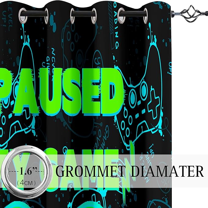 Gaming Curtain for Boys - 2Pcs Gamer Curtain Panels for Boys Bedroom Blackout Drapes Modern Games Patterns Windows Curtains Green Game Room Decor Grommet Top Thermal Insulated Curtains, 82" x 63"