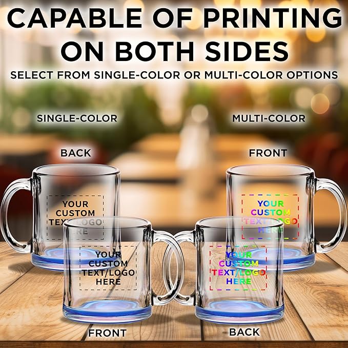 Custom Clear Glass Coffee Mugs 13 oz. Set of 100, Personalized Bulk Pack - Perfect for Coffee, Tea, Espresso, Hot Cocoa, Other Beverages - Blue Bottom