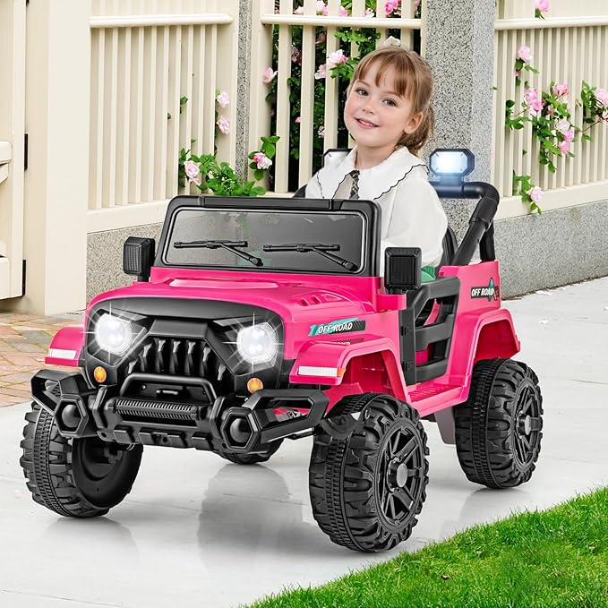Costzon 12V Kids Ride on Truck Car, Electric Vehicle w/Remote Control, Threaded Wheels, 3 Speeds, LED Lights, Music, Horn & Wireless Connection, Battery Powered Ride on Toy for Boys & Girls 3+ (Pink)