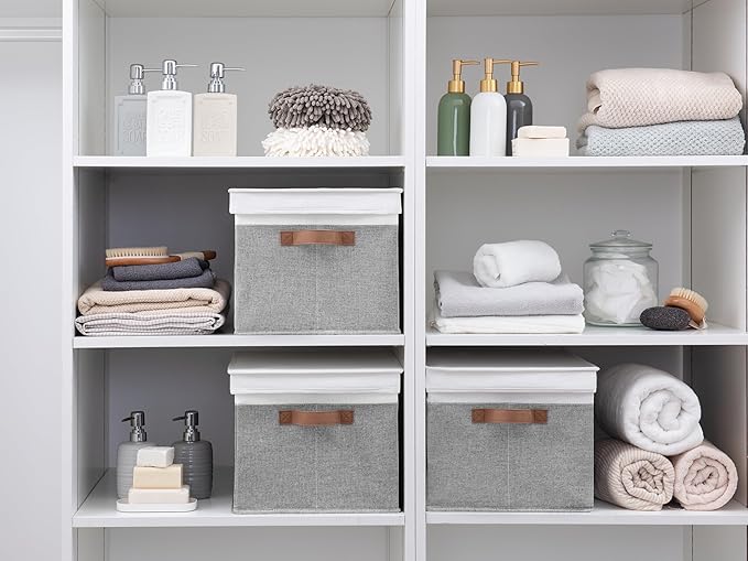 StorageWorks Storage Bins with Lids, Decorative Storage Boxes with Lid and PU Handles, Foldable Storage Baskets for Closet, Shelves, Stackable, Gray and White, Jumbo, 3-Pack