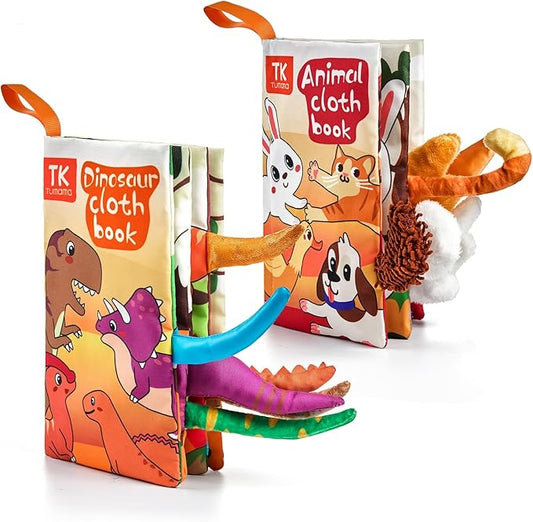 TUMAMA TK 2PCS Baby Books 0-6 Months, Soft Cloth Books for Babies Infants Toddler, Touch and Feel Crinkle Cloth Books 6 to 12 Months, Early Development Interactive Toys Gifts for Boys Girls