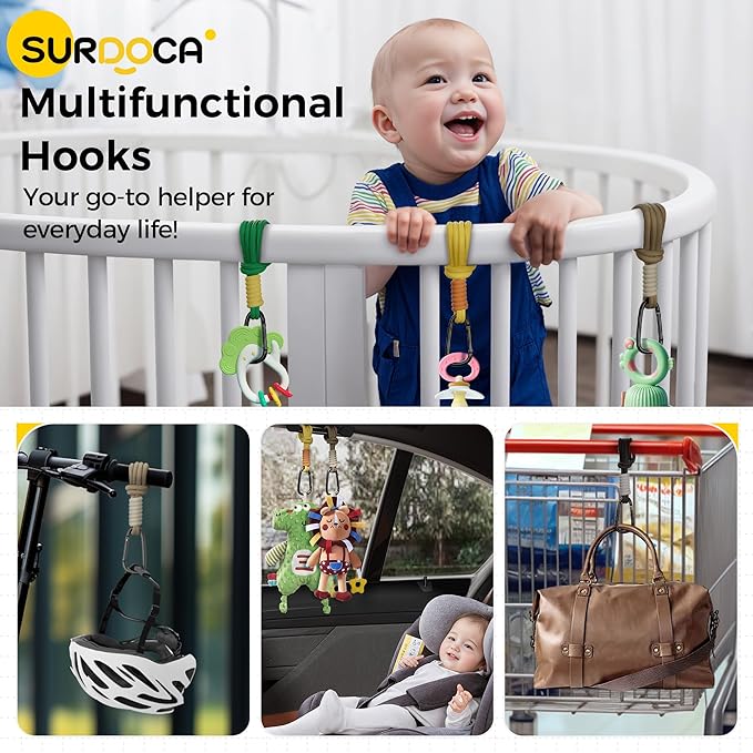 SURDOCA Baby Stroller Hooks, Stroller Clips and Hooks for Diaper Bag, Mommy Bag Hook for Stroller Heavy Duty, Universal Stroller Hanger and Strap, Stroller Accessories for Mom