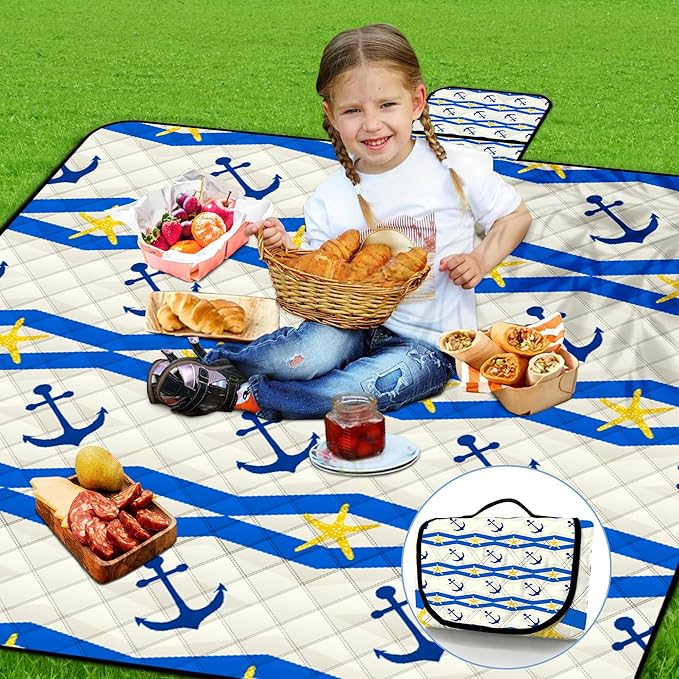 Poedist Extra Large Picnic Blanket Waterproof,80"x 80"Foldable Machine Washable Beach Blanket,Outdoor Blanket for 6-8 Adults,Suitable for Indoor Crawling,Park Beach,Camping,Hiking,Family Travel(Boat)