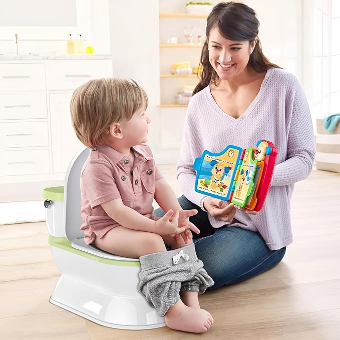 2-in-1 Toddler Potty Training Toilet - Larger Potty Chair & Detachable Training Seat for Boys & Girls Ages 1-3 with Flushing Sound, Wipes Storage, Toilet Paper Holder - Green