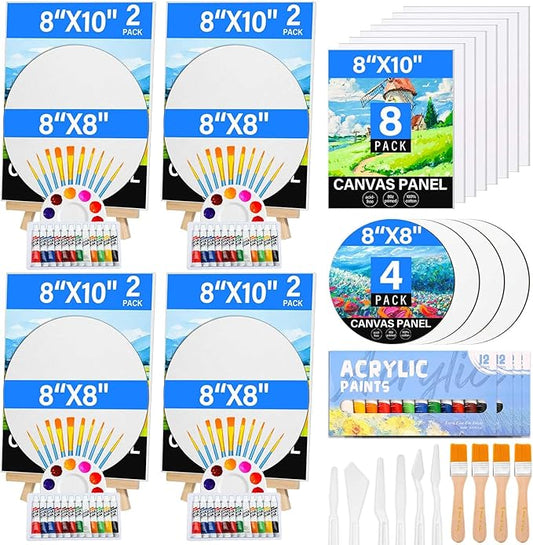 12 Pack 8x10β Canvas Boards and Round Canvas for Painting, Couple Painting Kit with Wood Easel, Acrylic Paint, Paint Brushes Set for Kids Teenagers Adults Date Night Sip and Paint Party