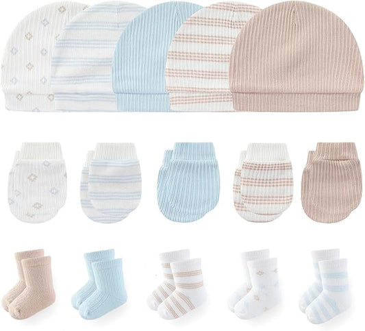Newborn Baby Boy Girl Caps Mittens Socks Set Cotton Baby Essentials Accessories (Hats+Gloves+Socks)