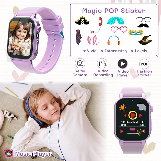 Kids Smart Watches Girls Gift for Age 5-12, Watch for Kids with 32 Games HD Touch Screen Video Camera Pedometer Music Player Flashlight 12/24 hr Toys for 5 6 7 8 9 Year Old Girl Birthday Gift