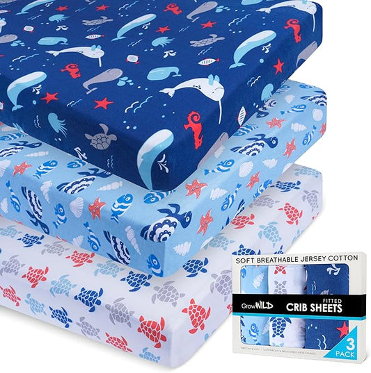 GROW WILD Blue Ocean Baby Crib Sheets for Boys (3 Pack) - Jersey Knit Fitted Sheet (52" x 28"), Toddler Bedding Set & Baby Boy Crib Bedding Set, Turtles and Sea Animals Theme