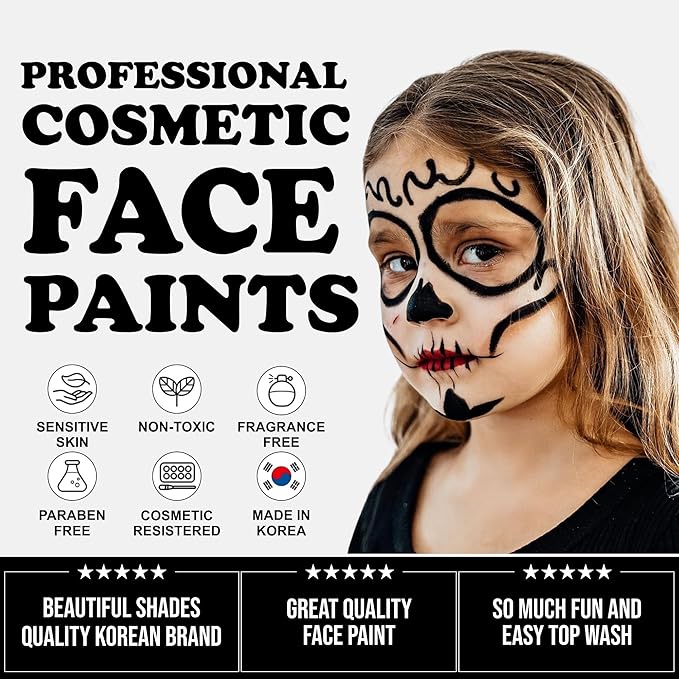 Grida Kids Friendly Face Paint - Professional Party Face Painting Kit for Kids with 12 Vibrant Colors with Double White - Easy to Remove, Vegan, Cruelty-Free Set with Palette & Art Brushes