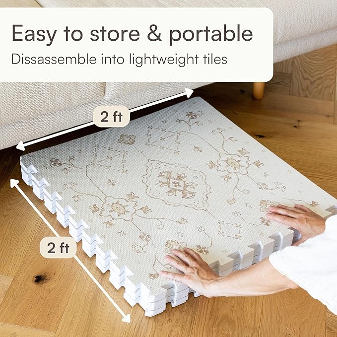 Baby Play Mat for Floor – 6x6ft Vintage Vanilla | Soft Non Toxic Premium EVA Foam Tiles for Tummy Time, Crawling & Playroom – Waterproof Floor Mat for Babies & Toddlers Lillefolk (9 Tiles)