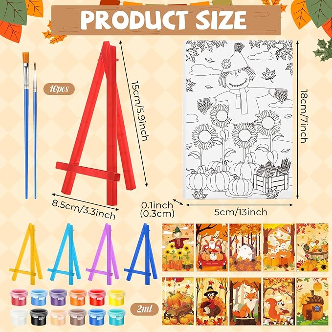 Blosssound 10 Set Pre Printed Canvas Pre Drawn Canvas Painting with Easel Kits 5" x 7" Outline Painting Panels for Beginners, DIY Craft Project, Party Favor, Home Decors(Autumn)
