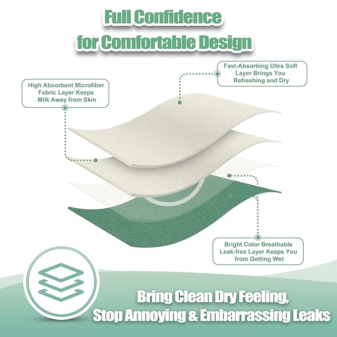 wegreeco Nursing Breast Pads (14 Pack) + Laundry Bag & Travel Storage Bag, 4.7 inch Option - Washable & Reusable Breastfeeding Nursing Pads (Bean Paste Green, Plain Shape)